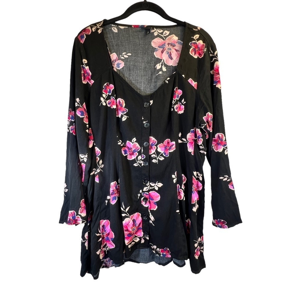 Torrid Women's Blouse L Black Pink Floral Long Sleeve